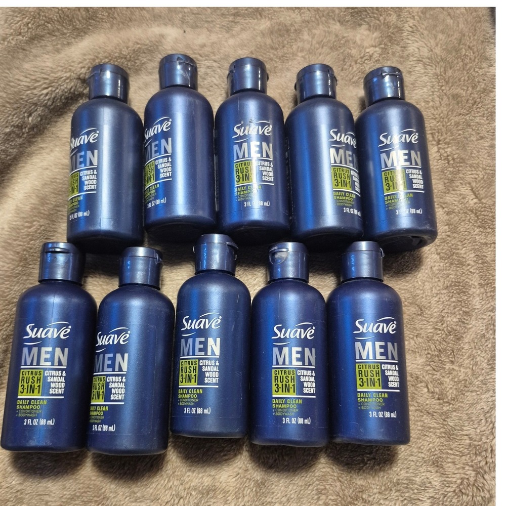 10 Pack Suave Men 3-in-1 Citrus Rush Shampoo Conditioner Body Wash 3oz Travel